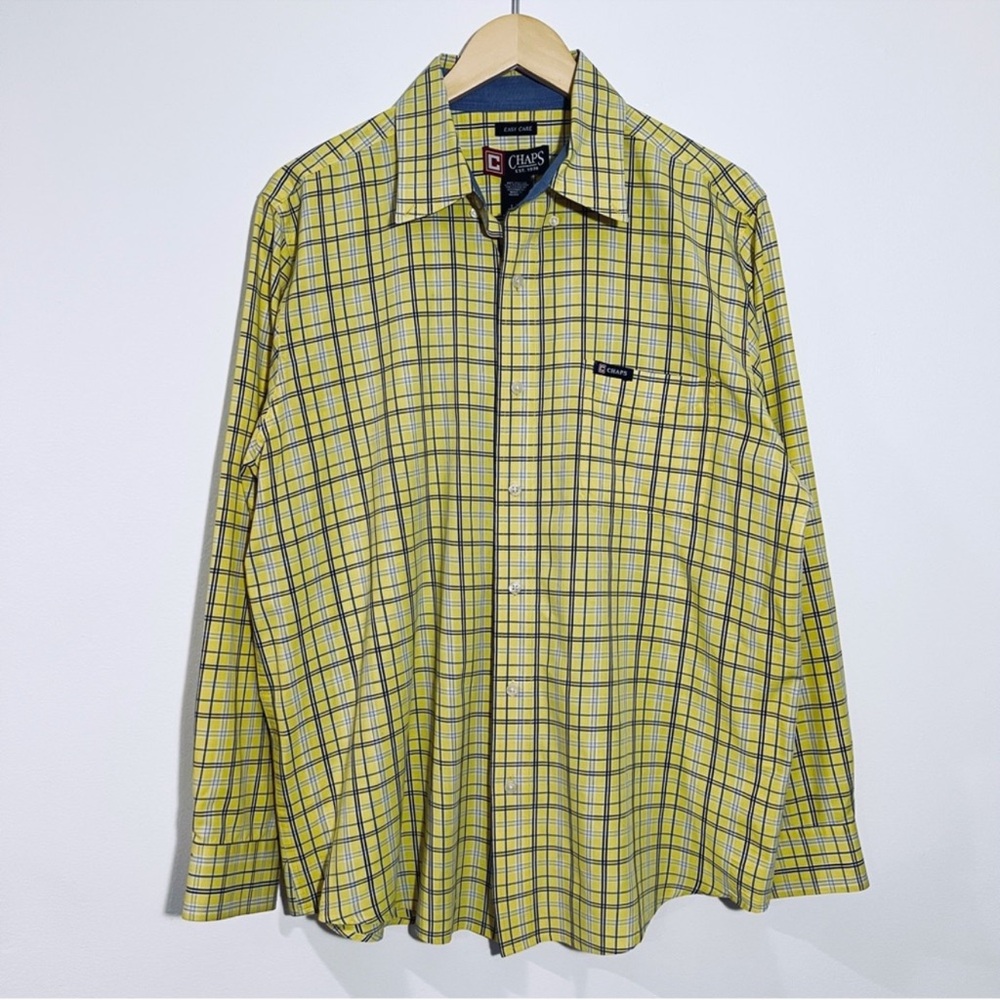 Chaps Button Down Shirt Mens Plaid Yellow Long Sleeve Collared Casual Size Large